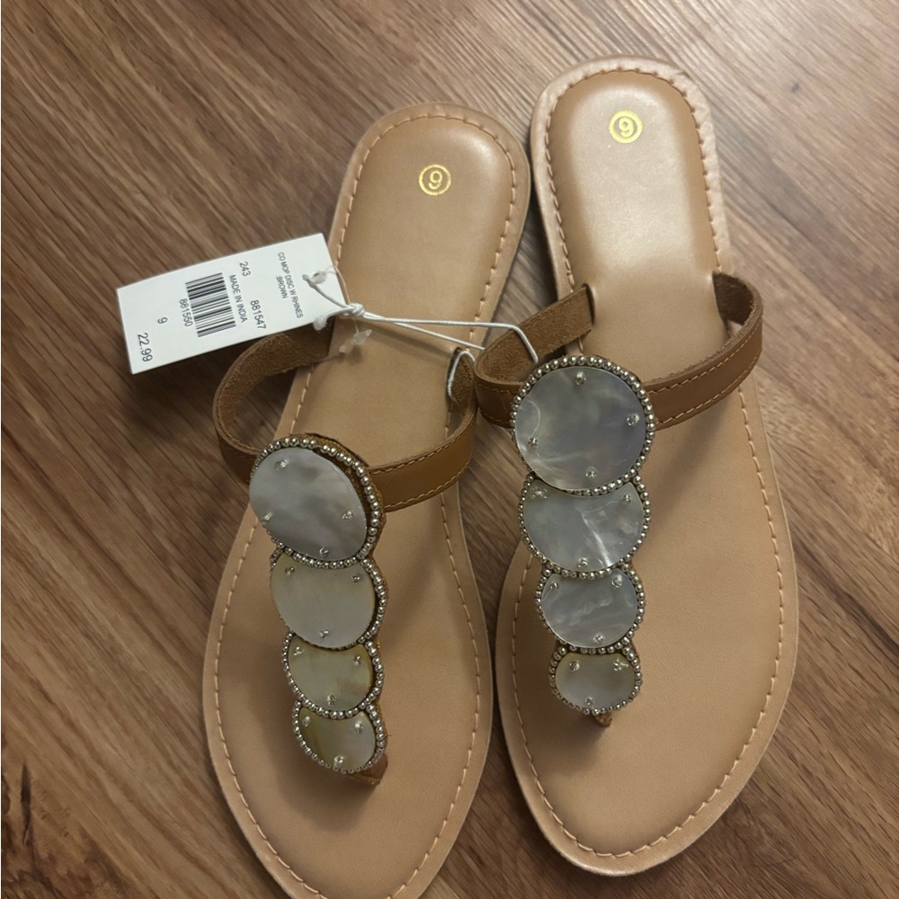 Women’s Tan Embellished T-Strap Sandals